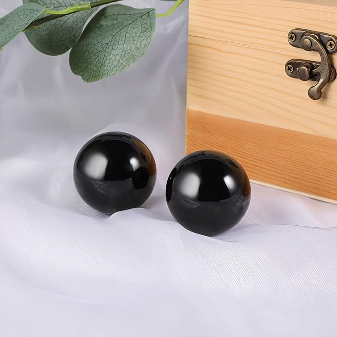 Learay 2PCS Black Obsidian Baoding Balls, Chinese Health Exercise Massage Balls with Carry Pouch for Stress Relief Hand Exercise Balls (Black/2 inch)