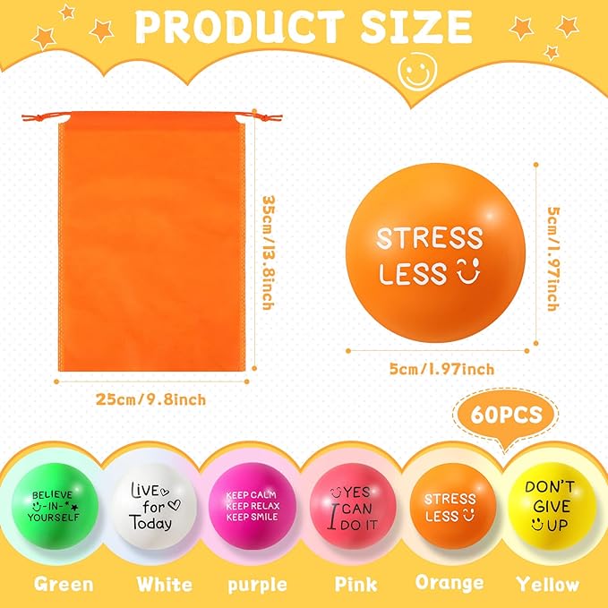 Wettarn 60 Pcs Motivational Stress Balls for Adults with Drawstring Bag 1.97" Inspirational Encouraging Anxiety Stress Relief Foam Ball with Quote Hand Exercise Squeeze Accessory(Bright Colors)
