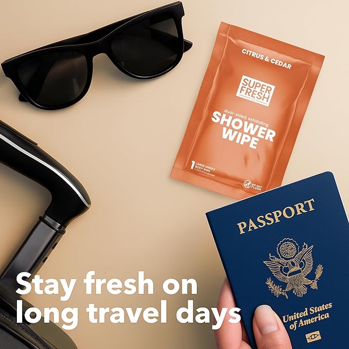 Super Fresh Shower Wipes Large Citrus & Cedar Body Wipes for No Rinse Bathing Personal Hygiene Gym Travel or Camping Enriched with Aloe and Vitamin E 10 Individually Wrapped Disposable Sheets
