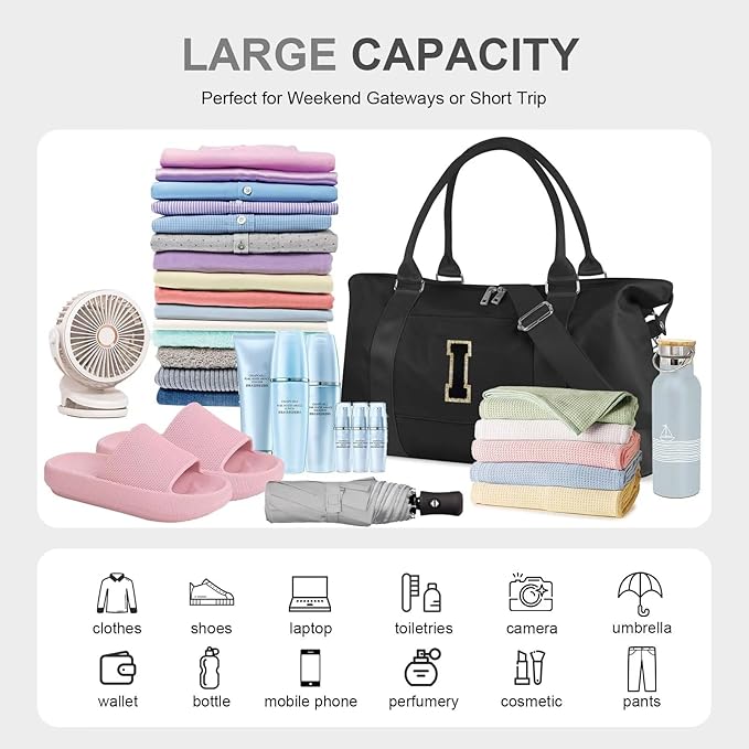 Dance Gym Duffel Bag for Teen Girls, Personalized Initial Travel Weekender Bag,Cute Overnight Carry On Duffle for Women,Sports Travel Cheer Bag,Monogram Christmas Gifts for Tween Preppy(black-I)