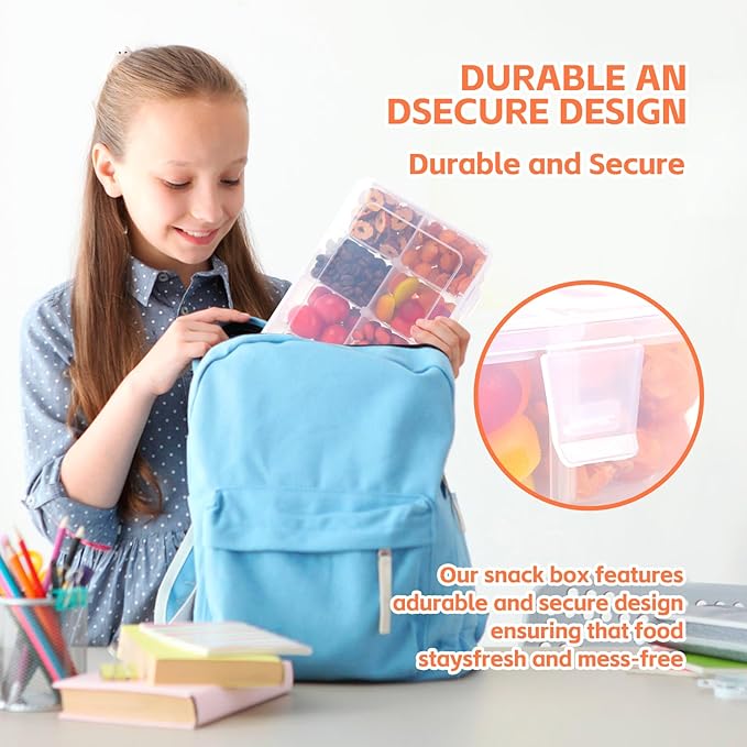 AQSXO 4 Pcs Snack Box Container for Kids, 8 Compartments Snack Containers Reusable Meal Prep Lunch Containers.