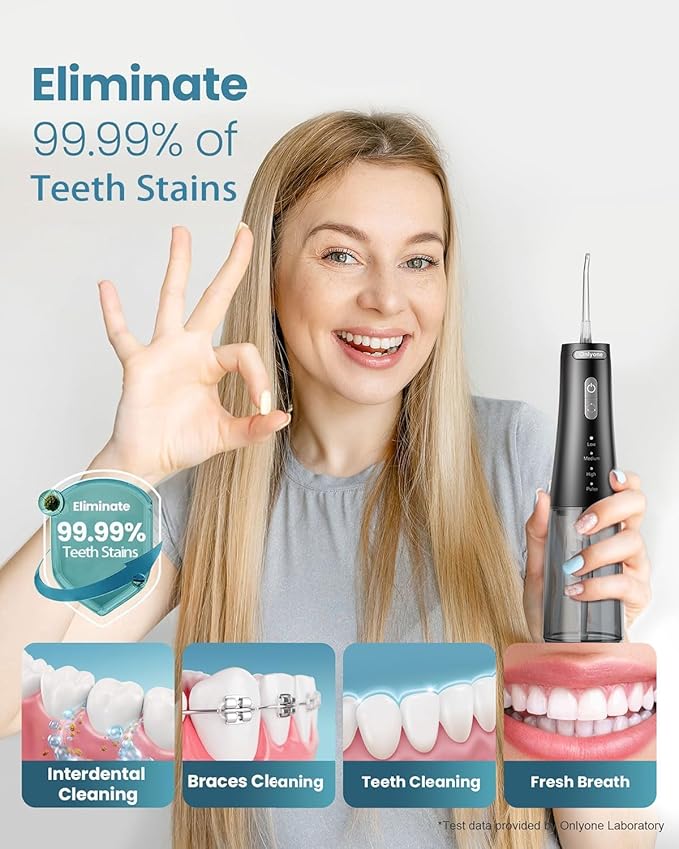 Onlyone Water Dental Flosser, 300ML Portable Oral Irrigator for Teeth, 4 Modes and 5 Jet Tips,Rechargeable Irrigation Cleaner,Electric Flossing Machine Power Flossers & Irrigator Accessories Black