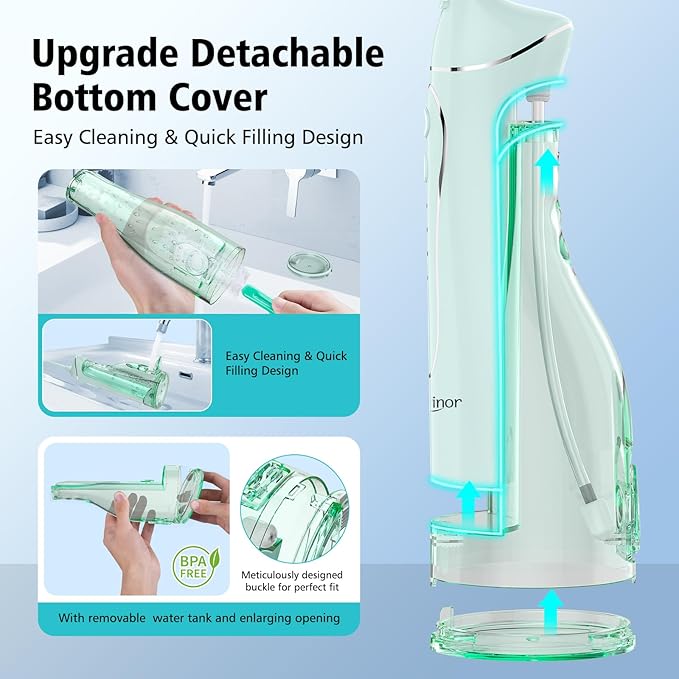 Leominor Water Dental Flosser Pick for Teeth, 300ML Portable Oral Irrigator Upgraded Tank Removable,IPX7 Waterproof, Rechargeable Travel Teeth Cleaner, Professional Electric Flossing (Green)