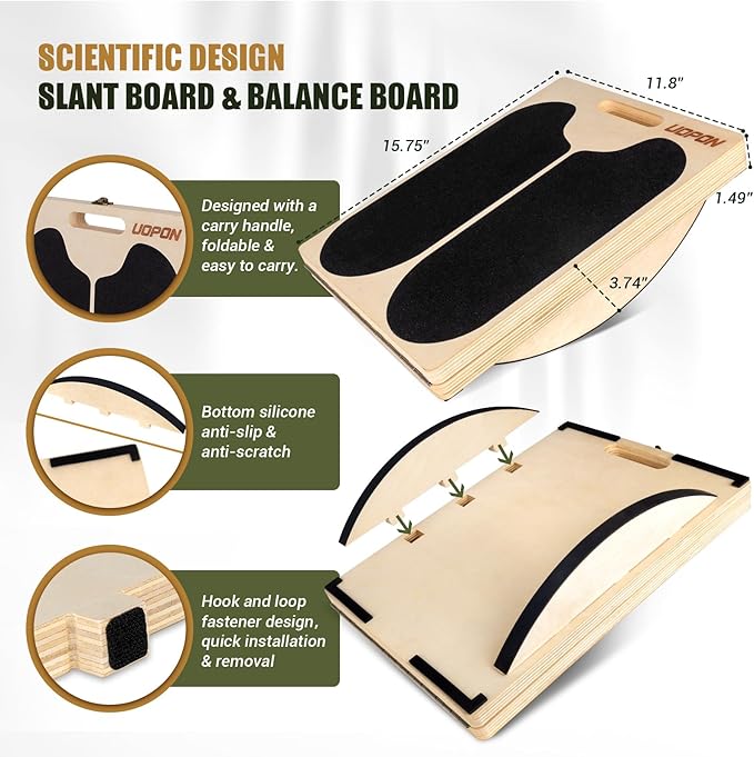 2-in-1 Wooden Slant Board & Balance Board, Portable 6 Angle Adjustable Calf Stretch Board with Training Poster, 300lb Weight Capacity Calf Ankle Stretcher for Physical Therapy, Squat & Core Strength