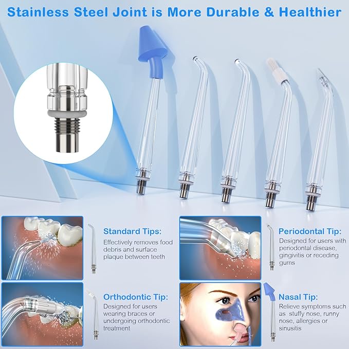 Water Dental Flosser for Teeth Cleaning and Flossing with Travel Size Case โ Rechargeable Oral Irrigator, KOOVON Portable Water Flosser for Adults, IPX7 Waterproof, 5 Jet Tips & 4 Modes, Blue