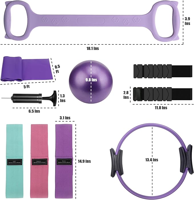 Pilates Set 10Pcs, Pilates-Ring, Wrist Ankle Weights, Small Yoga Ball with Pump, 3Pcs Booty Bands, Figure 8 & Long Resistance Bands, Pilates-Equipment Kit for Women Home Workouts Yoga