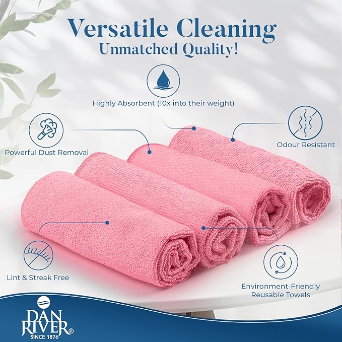 DAN RIVER 12-Pack Pink Microfiber Towels โ Ultra Absorbent, Lint-Free & Streak-Free Kitchen Cleaning Cloths for Home, Car & Kitchen - Must-Have Cleaning Essentials - 12" x 12"
