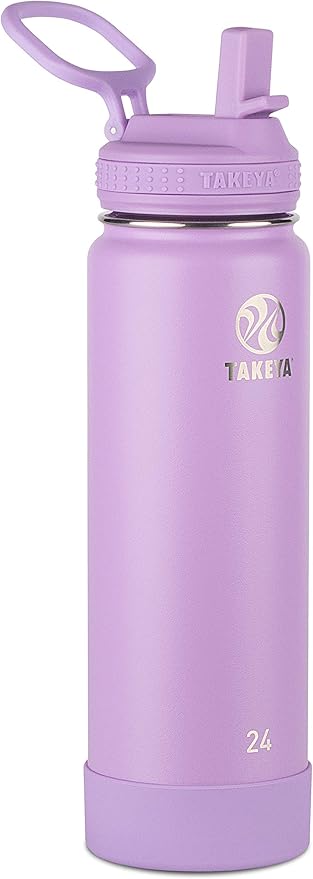 Takeya Actives 24 oz Water Bottle with Straw Lid - Double Wall Stainless Steel Insulation - Dishwasher Safe & BPA-Free - Removable Bumper - Lilac