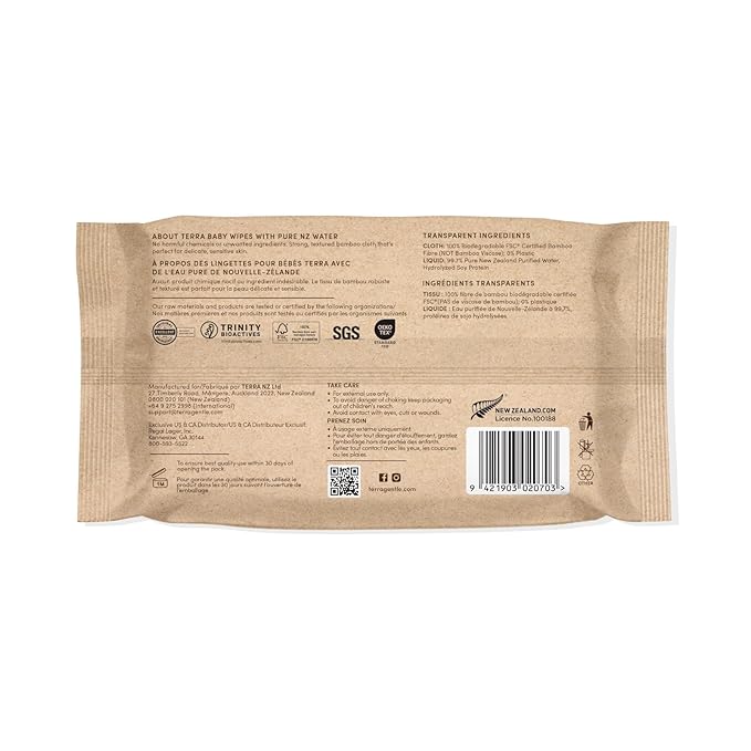 Terra Bamboo Water Baby Wipes: 99.7% Pure New Zealand Water, 100% Biodegradable Bamboo Fiber, 0% Plastic, Unscented Baby Wipes for Sensitive Skin, 12 Packs of 70 Wipes