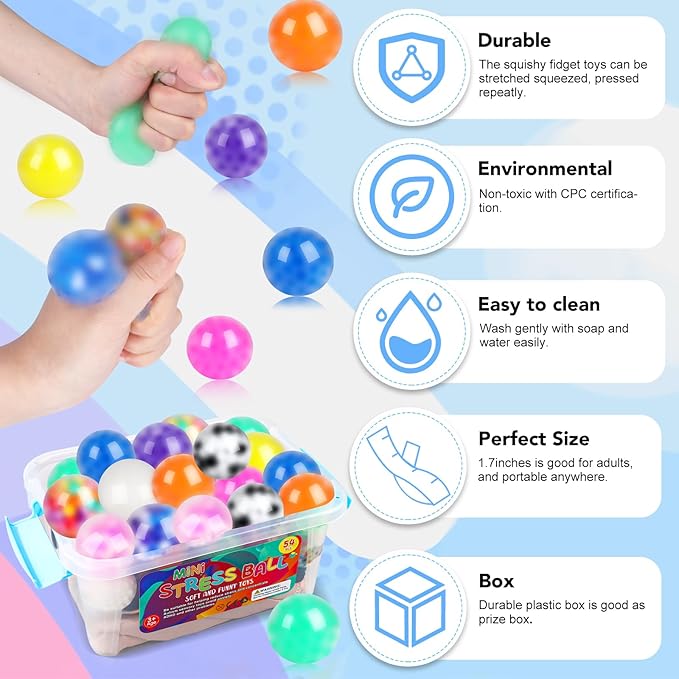 54Pack Stress Balls, Squishy Squeeze Balls Bulk Fidget for Adults Squishy Balls Stress Relief Balls, Stress Balls for Adults, Party Favors, Goodie Bag Stuffers