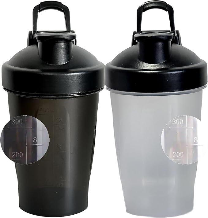 2 Pack Black Small Protein Shaker w. Whisk,Clear & Color Cup of Each(BPA Free,4-8-12-16 Oz,5" Height),Easy to Screw & Snap Lid for Anti-Leak,Ergonomic Design for Anti-Drop,Replace w/o Cost in 10 Month
