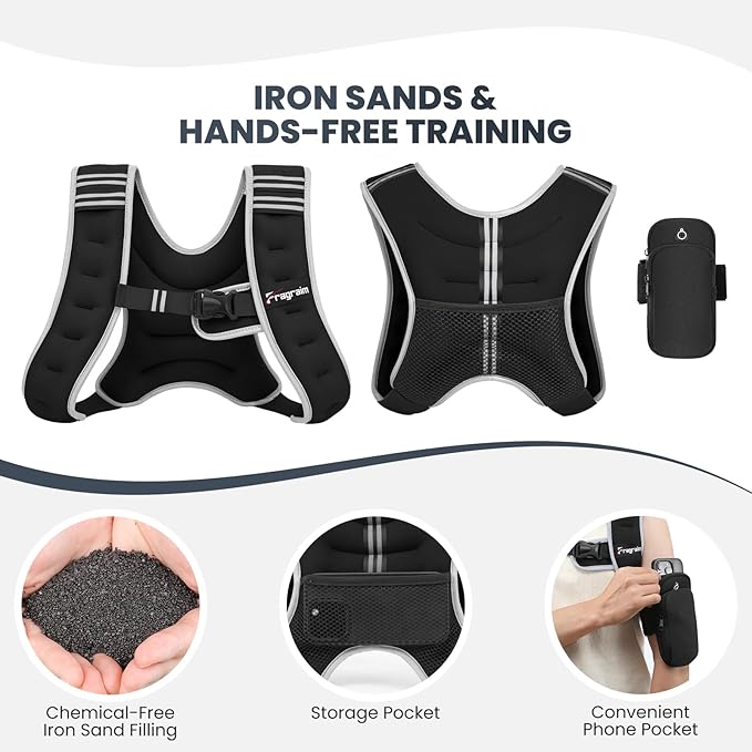 Fragraim Weighted Vest for Women Men - 8lb/10lb/12lb/16lb/22lb/25lb/30lb Weight Vest with Reflective Stripe, Detachable Phone Pouch, Ideal for Walking, Strength Training, Running, Workout, Cardio