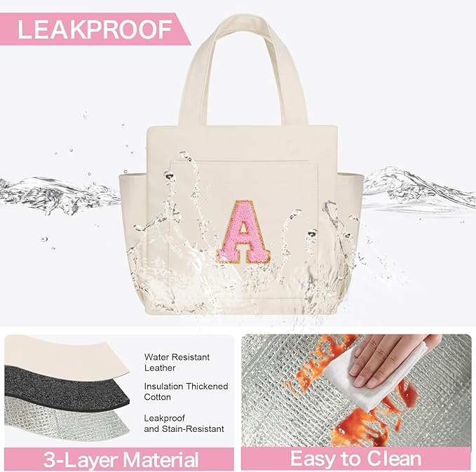 Joymee Leather Lunch Box Lunch Bag for Women Adult Insulated Reusable Leakproof Large Spacious Lunch Cooler Lunch Tote Bag with Bottle Holder and Side Pockets for Work Picnic Beach (Letter A)