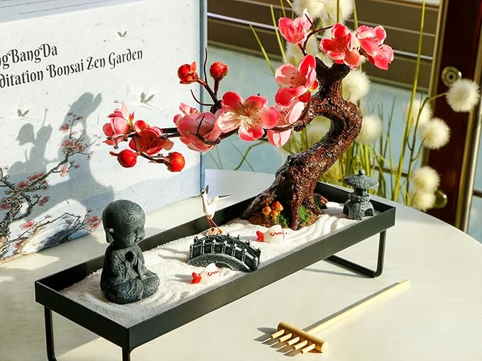 Mini Zen Garden Kit for Desk Tabletop Rock Sand Tray Therapy Kit Office Stress Relief Spiritual Decor Japanese Zen Healing Gifts for Lady Yoga Meditation Accessories with Bonsai Buddha Koli Fish Rake