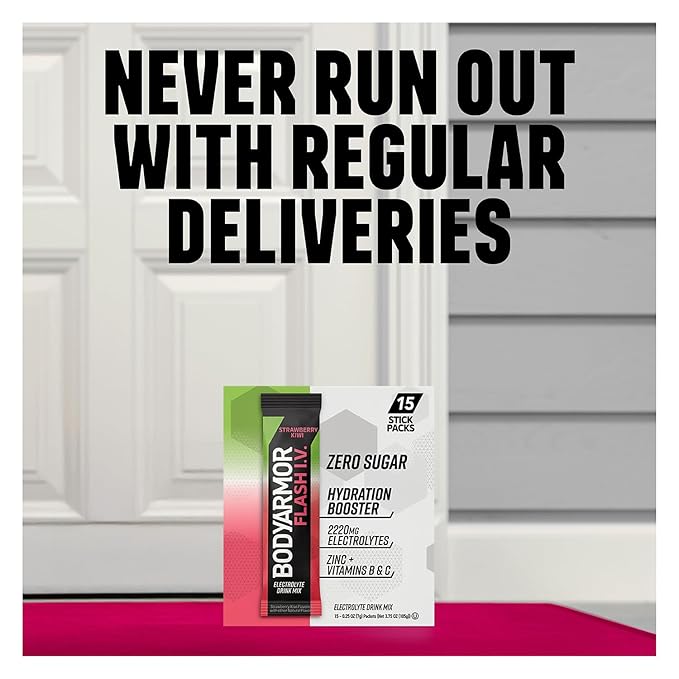 BODYARMOR Flash IV Electrolyte Packets, Strawberry Kiwi - Zero Sugar Drink Mix, Single Serve Packs, Coconut Water Powder (15 Count)