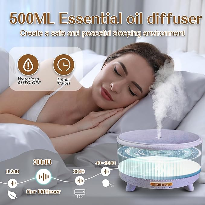 Essential Oil Diffusers for Home 500ml,Aromatherapy Diffusers for Essential Oils Large Room with 7 Colors Lights & 3 Mist Mode Waterless Auto Off,Cool Mist Humidifiers for Decor,Purple