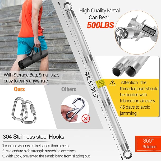 DASKING Detachable Resistance Bands Bar 30"/35.4"/38.5" Length Max Load 500LBS for Home Gym Full Body Workout Fitness Bar