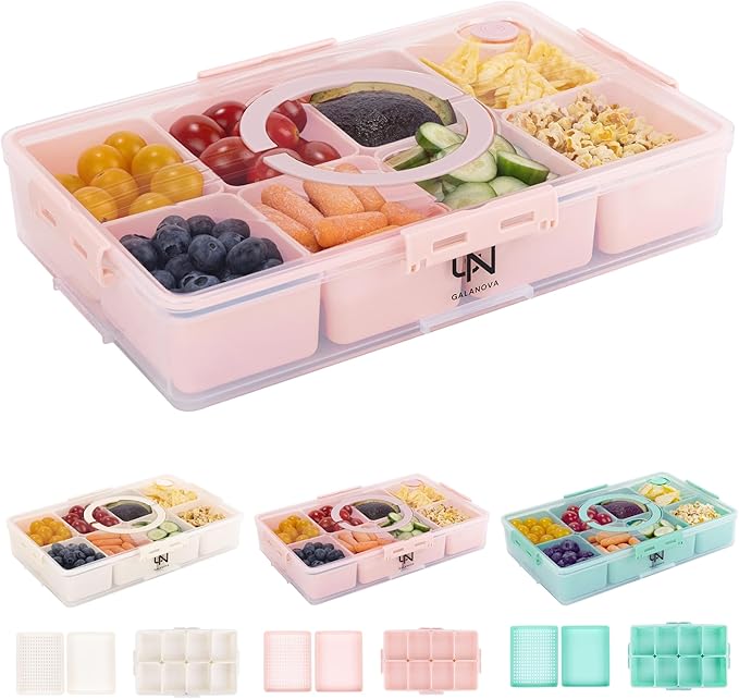 Snackle Box Container - 10 Compartments Including 2 XL, Dishwasher & Microwave Safe, Divided Serving Tray with Lid and Handle, BPA-Free, snack box (1 PCS, Pink, 1 Box with 2 XL Compartments)