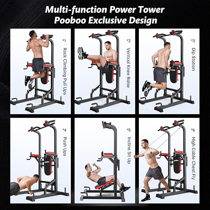 Pooboo Power Tower Dip Station Pull Up Bar for Fitness Home Gym Workout,Multi-Function Adjustable Height Fitness Strength Training Exercise Equipment,with Power Elastic Ropes