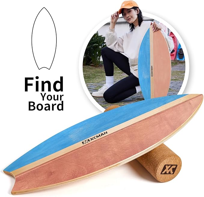 XCMAN Surf Balance Board Trainer with Roller Wooden Exercise Balancing Stability Trainer - Non Slip Surface for Adults Kids|Balance Board for Surfing,Snowboarding,Skateboarding,Hockey,Yoga Training