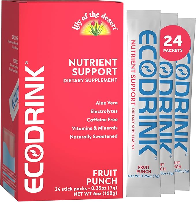 Eco Drink Nutrient Support Packets, Fruit Punch – Naturally Sweetened Multivitamin Electrolyte Mix with Aloe, 24 Stick Packs/Box, 0.25 Oz Ea by Lily of The Desert