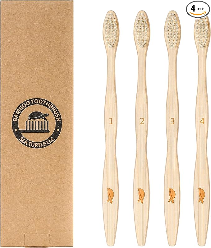 Sea Turtle Plant-Based Bristles, Bamboo Toothbrushes, Soft Natural Toothbrush for Adults (4 Pack)
