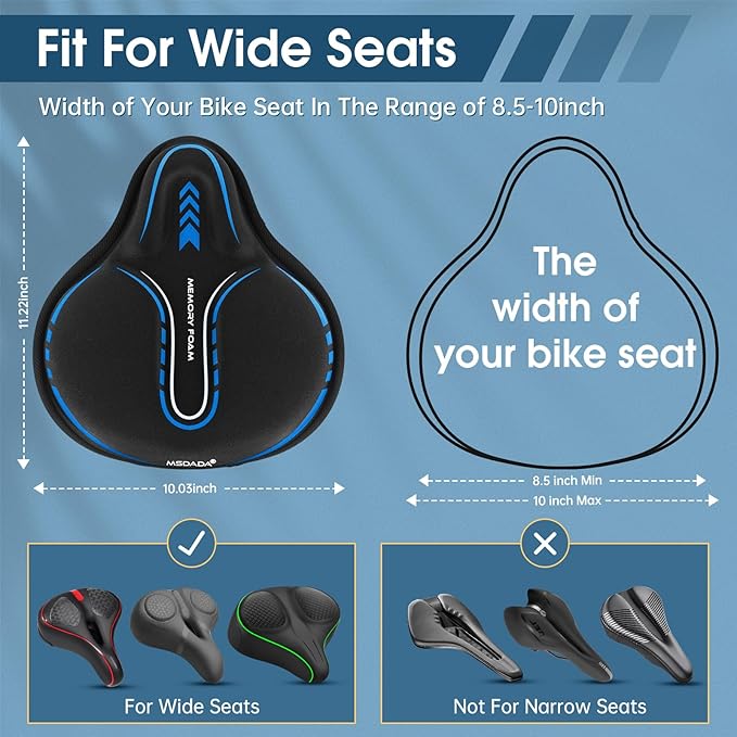 MSDADA New Large Gel Bike Seat Cover, Extra Soft Bike Seat Cushion for Men Women Comfort Wide, Fits Indoor/Outdoor/Exercise Bikes (11.22 inch x 10.03 inch)