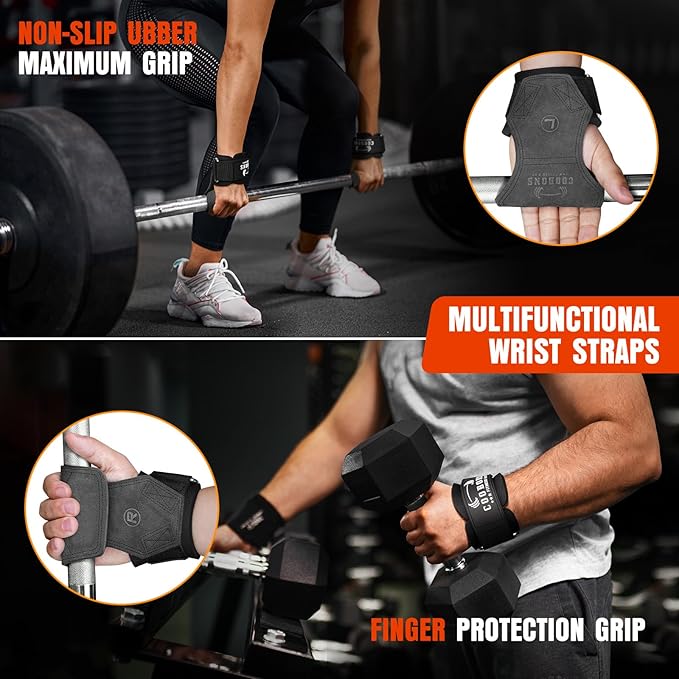 Lifting Wrist Straps for Weightlifting, Double Layer Leather for Weight Lifting Wrist Wraps, Deadlifts, Heavy Powerlifting and Adjustable Wrist Hooks for Strength Training, Gym Workouts Men/Women