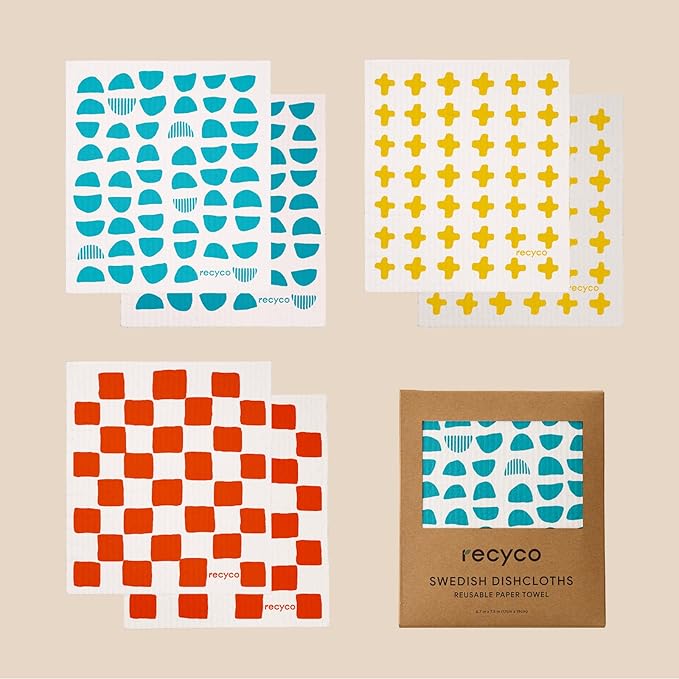 RECYCO Swedish Dishcloths for Kitchen | 6 Pack Modern Geo Washable Dish Rags | Cellulose Reusable Cleaning Paper Towels | Absorbent Counter Dish Cloth Sponge Kitchen Wipes, 8" L x 7" W