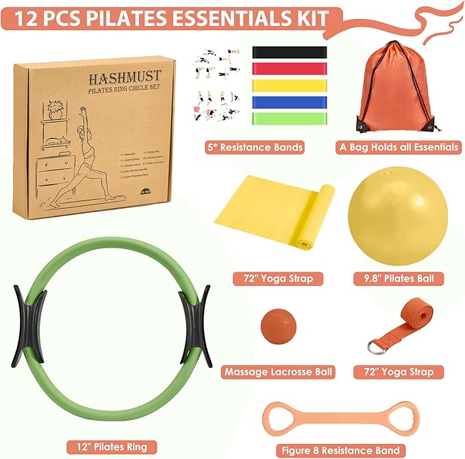 HASHMUST Pilates Ring Kit 12 PCS for Women, Home Workout Equipment with Magic Circle, Mini Exercise Ball, Resistance Bands, Massage Lacrosse, Yoga Strap, Full-Body Fitness Set for Toning & Gift