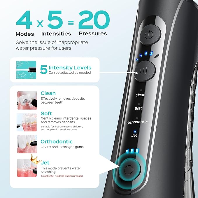 COSLUS Portable Water Flosser for Teeth: 4 Modes & 5 Intensity Levels Professional Electric Dental Pick for Sensitive Gums, Braces & Orthodontic - Cordless for Travel Use, for Adults, BPA-Free, Black