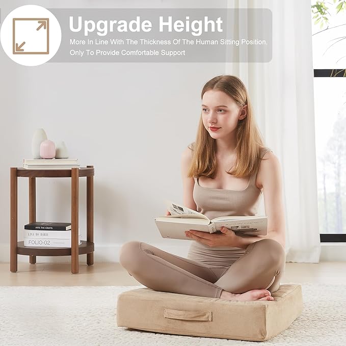 22 inches Floor Pillow for Adults - Large Meditation Cushion with Thick Foam & Soft Tufted Cover - Premium Outdoor Square Floor Cushion Seat - Yoga Pillows for Sitting On Floor - Khaki