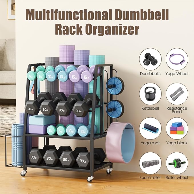 600LBS Weight Rack For Home Gym, Vopeak Dumbbell Rack Stand Only, Adjustable Weight Rack For Dumbbells, Kettlebells Yoga Mat, Home Gym Storage Rack With Wheels And Hooks, Powder Coated Finish Steel