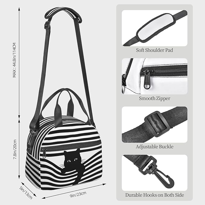 Black Cat Reusable Insulated Lunch Box Waterproof Lunch Bag with Detachable and Adjustable Shoulder Strap for Office Picnic or Travel