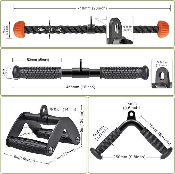SELEWARE Triceps LAT Pulldown Attachments Home Gym Workout Accessories with Non-Slip Soft Rubber Grip Cable Machine Attachments Triceps Rope Double D Row Handle Pull Down Bar Straight Bar Exercise