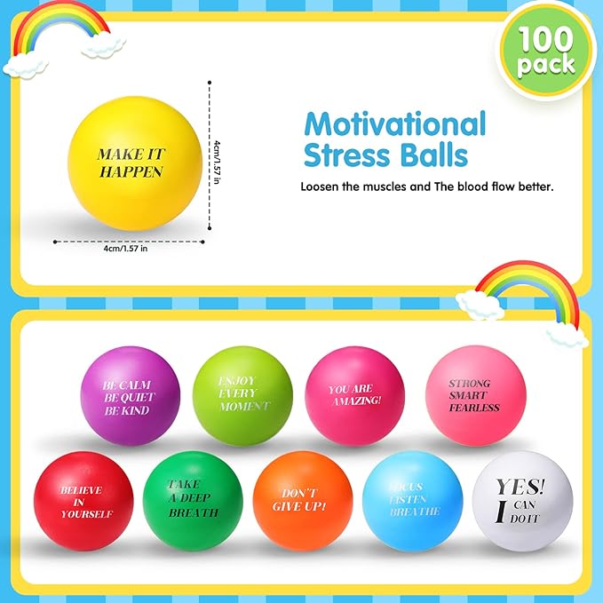 Sotiff 100 Pieces Motivational Stress Balls Colorful Foam Inspirational Relief Quotes Stress Balls Pack Employee Appreciation Gift for Relief Encouraging(One Size)