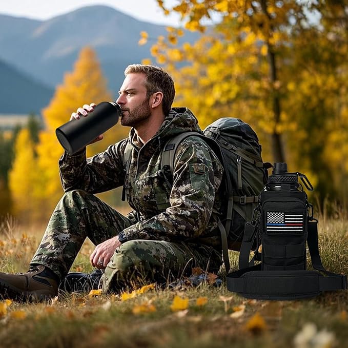 32 Oz Insulated Water Bottle - Stainless Steel Metal Military Black Water Jug with Sleeve, Gym Water Bottles for Men Sports Workout Hiking with Black Water Bottle Pouch