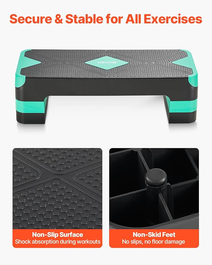 VEVOR Aerobic Exercise Step Platform, 28-Inch Workout Aerobic Stepper, Height Adjustable Fitness Training Step Deck Trainer with 4 Risers, Non-Slip Surface Bench for Home Gym Cardio Strength
