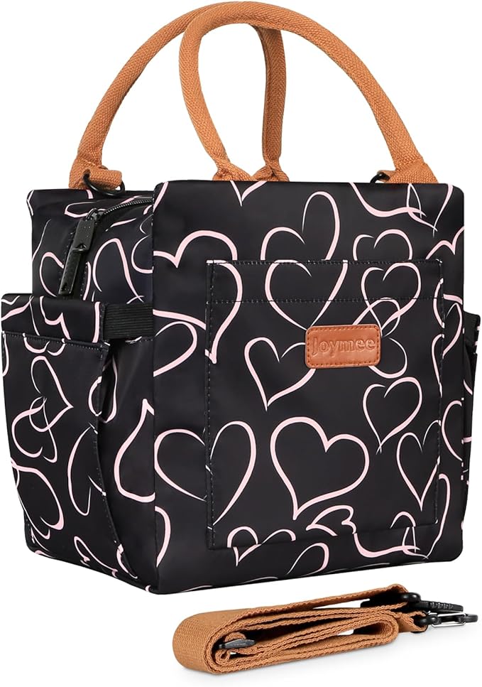 Joymee Lunch Bag Women Insulated Lunch Box with Adjustable Shoulder Strap Large Reusable Leakproof Spacious Cooler Tote for Women Men Adult with Bottle Holder and Side Pockets - Love Heart