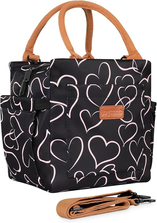 Joymee Lunch Bag Women Insulated Lunch Box with Adjustable Shoulder Strap Large Reusable Leakproof Spacious Cooler Tote for Women Men Adult with Bottle Holder and Side Pockets - Love Heart