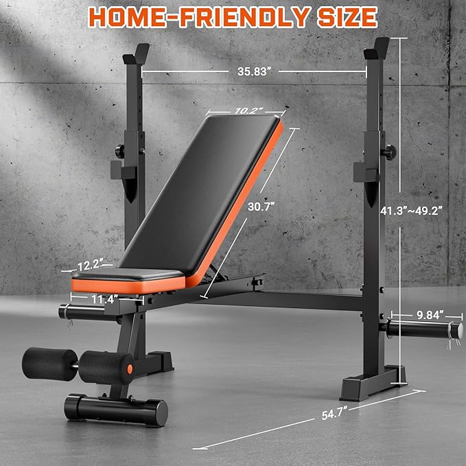 Fostoy Weight Bench, 770lbs Bench Press With Squat Rack, Adjustable Weight Benches for Home Gym, Olympic Workout Bench for Full Body Fitness, Flat Incline Bench With Removable Foot Catch