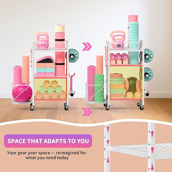 3-Tier Home Gym Storage Rack, Adjustable Yoga Mat Storage Rack, 250LBS Metal Workout Equipment Storage Cart with Large Basket & Lockable Wheels for Mats, Bands, Foam Rollers, Yoga Block (Rack Only)