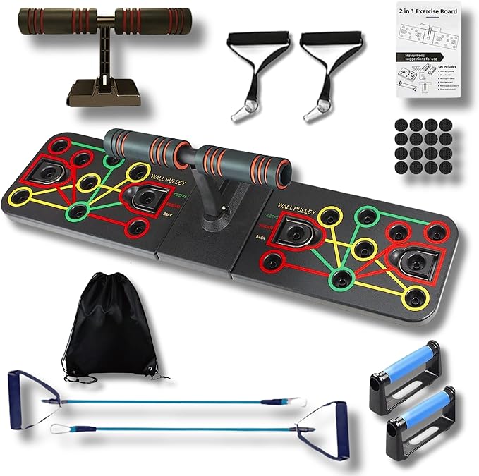 Push Up Board with Sit up Stand 15 in 1 Home Gym Portable Exercise Equipment, Resistance Bands, Push Up Handles Strength Training Equipment