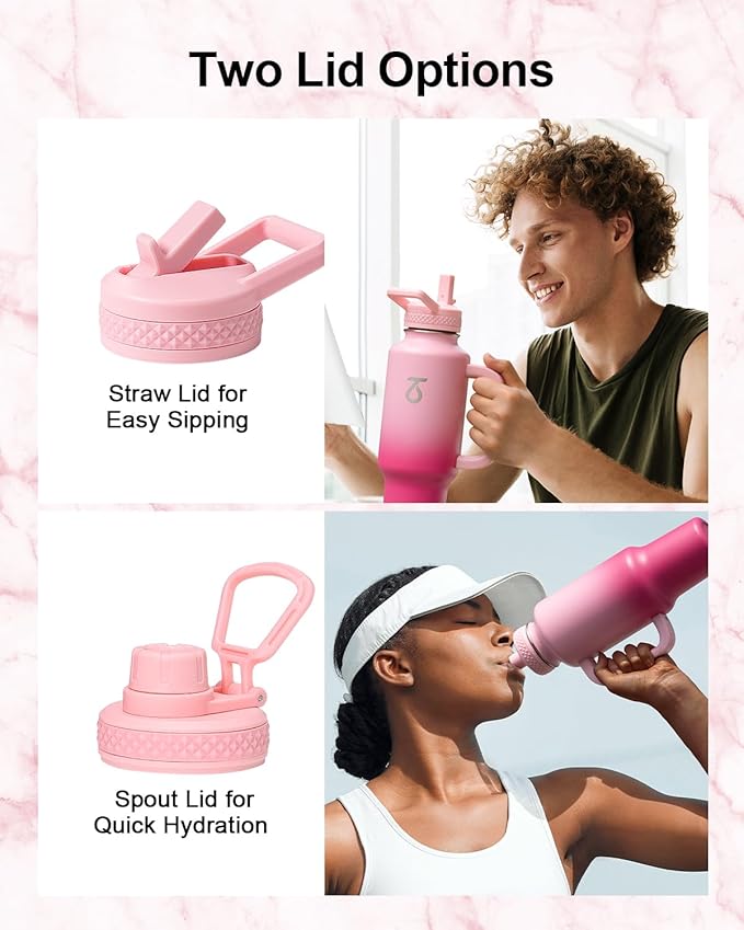 Trebo 40 oz Water Bottle Insulated with Handle, Leakproof Keep 24hrs Cold &Hot,Stainless Steel Travel Tumbler that Fits in Car Cup Holder with Straw Lids,Pink Reusable Water Bottles for women