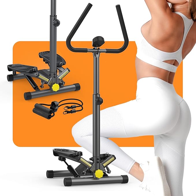 Stepper Machine with Resistance Bands, Mini Stepper with 300LBS Weight Capacity, Twist Stepper for Full Body Workout, Adjustable Step Height, Smooth and Quiet, Step Machine for Men Women