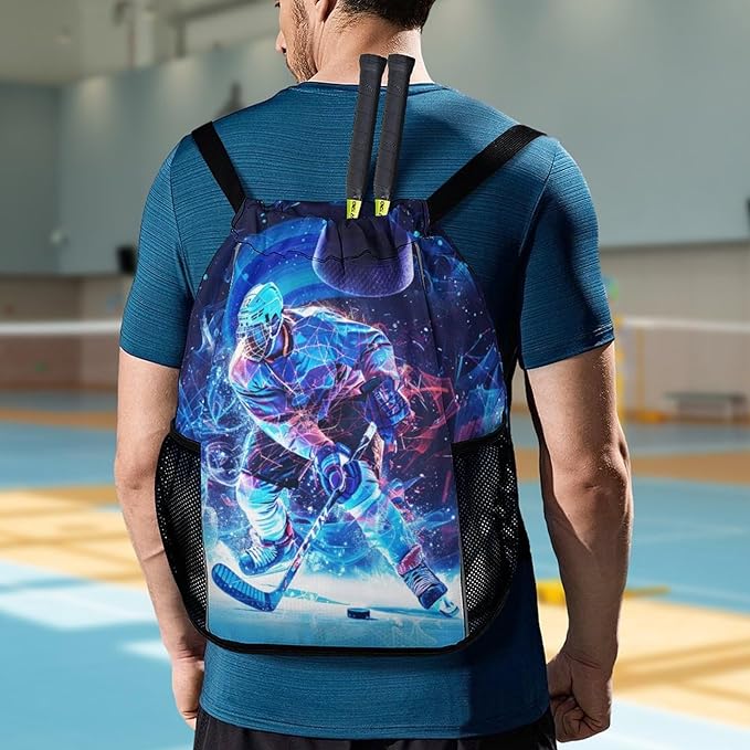 Hockey Drawstring Backpack - Cool Cinch Sack, String Backpacks with Pocket for Kids Women Men Boys Girls for Gym Outdoor Sports Travel Athletic Drawstring Bag - Lightweight/Foldable