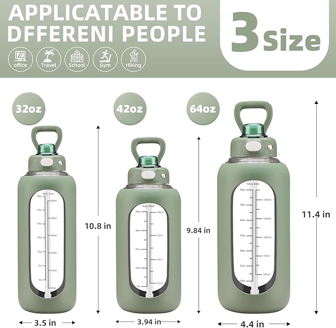 SIEROZUR 42 oz Glass Water Bottle with Straw and Handle, Large Sports Motivational Water Bottle Flask with Time Marker Leakproof Water Jug with Silicone Sleeve for Gym