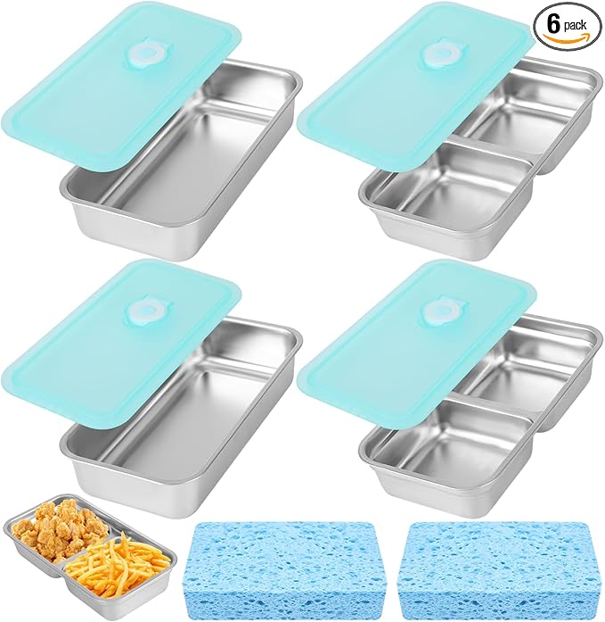 4Pcs Grab and Go Snack Containers with 2 Cleaning Sponge, Stainless Steel Snack Container, Reusable Meal Holder with Lids for Food, Meal, Dip, Condiment (One/Double Compartment)
