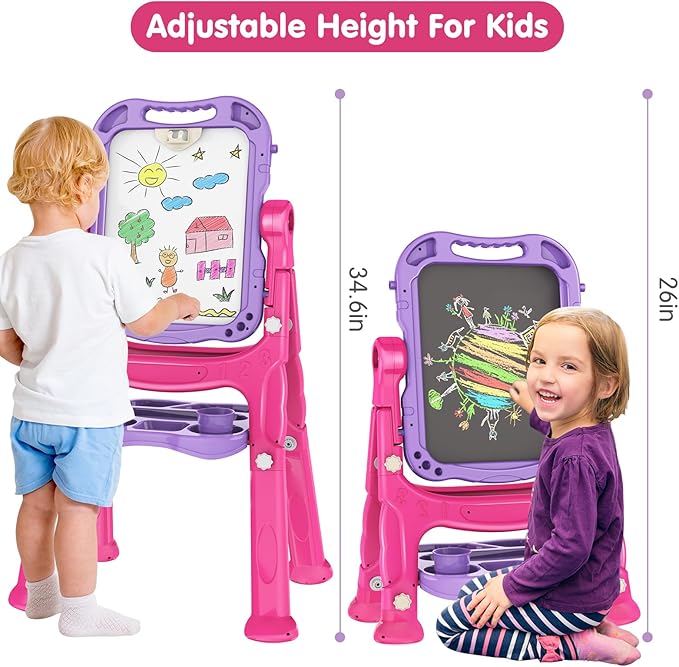 Amagoing Easel for Kids, Adjustable Standing Art Easel for Toddler, Double Side Drawing Board with Painting Accessories, Birthday Christmas Gift Toy for Boys Girls 3 4 5 6 Years Old, Purple