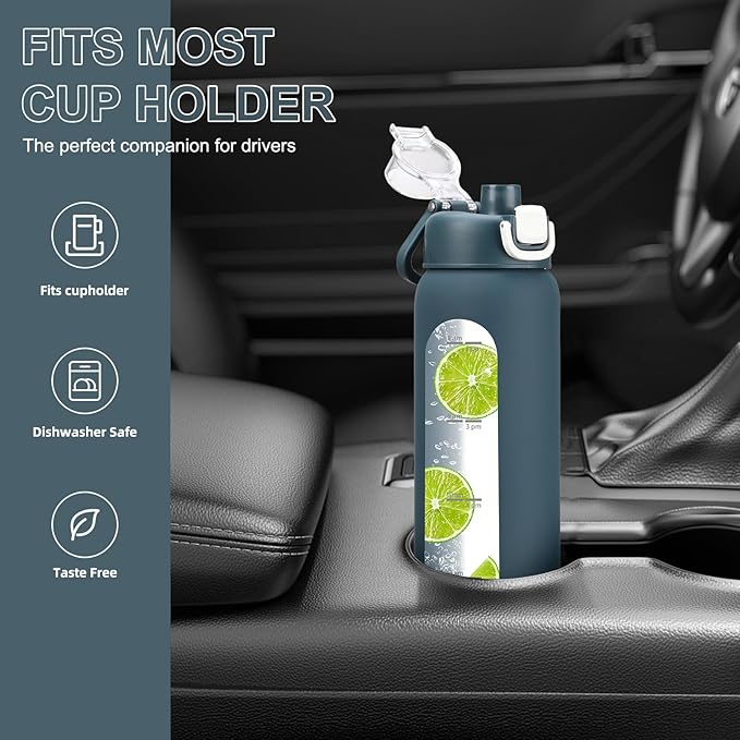 32 oz Glass Water Bottle with 2 Lids-Handle Spout Lid & Straw Lid, 1 Liter Motivational Borosilicate Water Bottle with Time Marker and Silicone Sleeve,Leakproof-Dark Blue-1 Pack